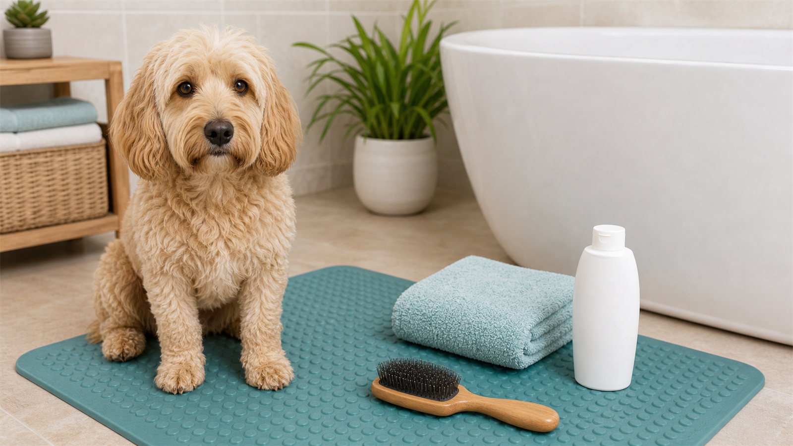 Dry dog bath setup with towel, closed shampoo, brush, and non-slip mat