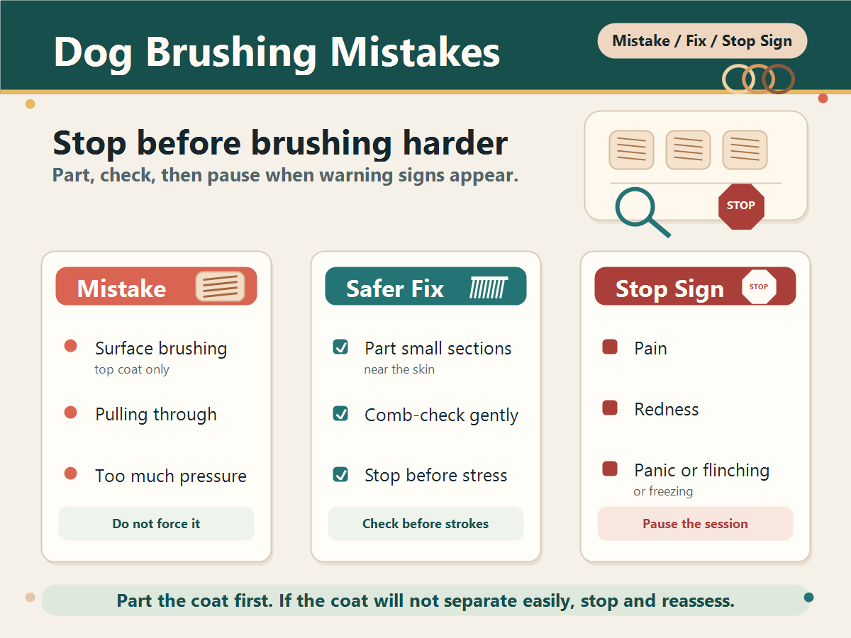 Dog brushing mistakes card showing safer fixes and stop signs for pain, redness, panic, or flinching.