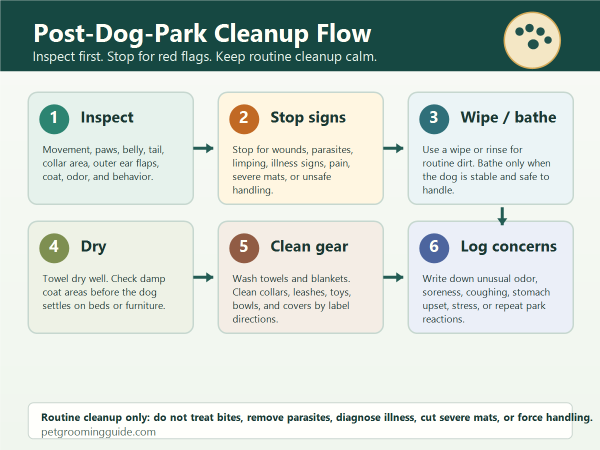 Post-dog-park cleanup flow showing inspect, stop signs, wipe or bathe, dry, clean gear, and log concerns.