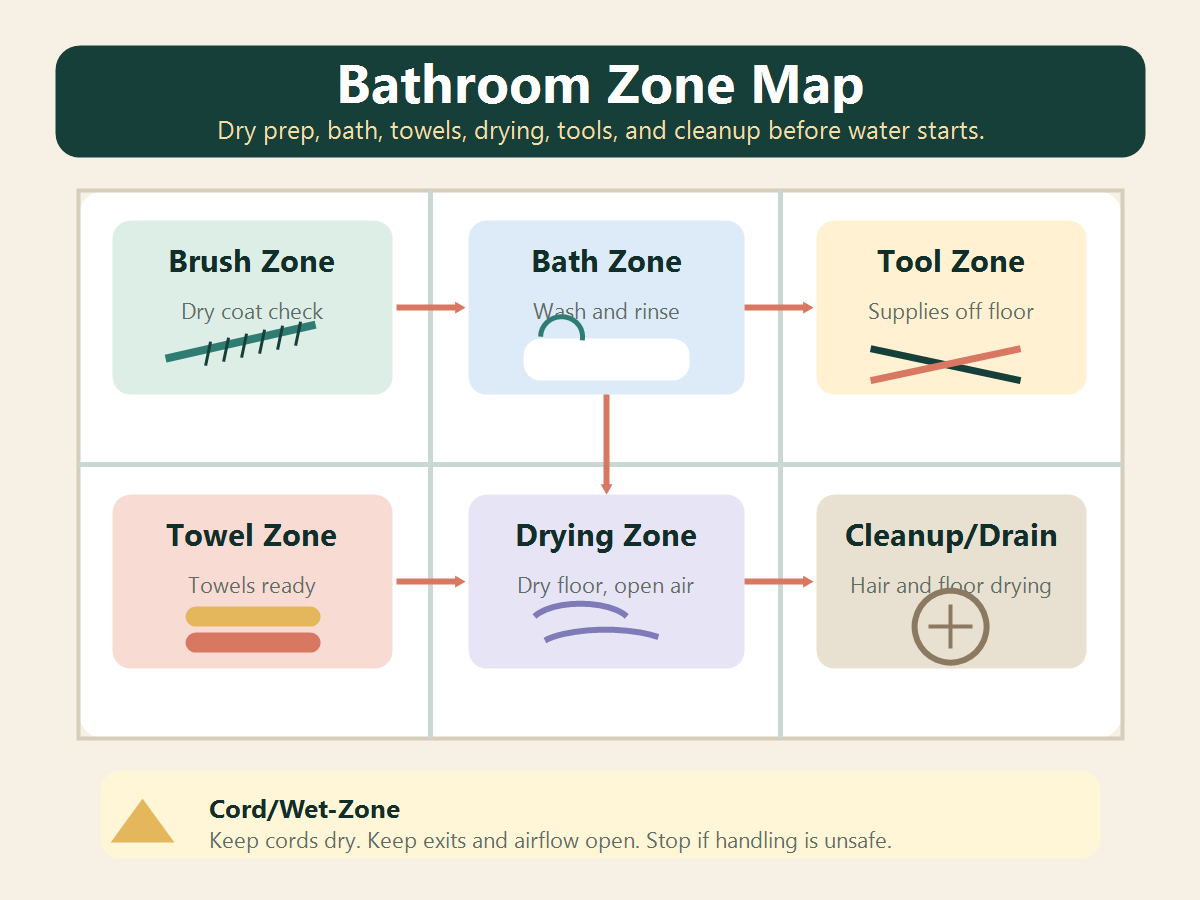Bathroom zone map for dog grooming showing brush, bath, towel, drying, tool, cleanup, drain, and cord wet-zone caution areas.
