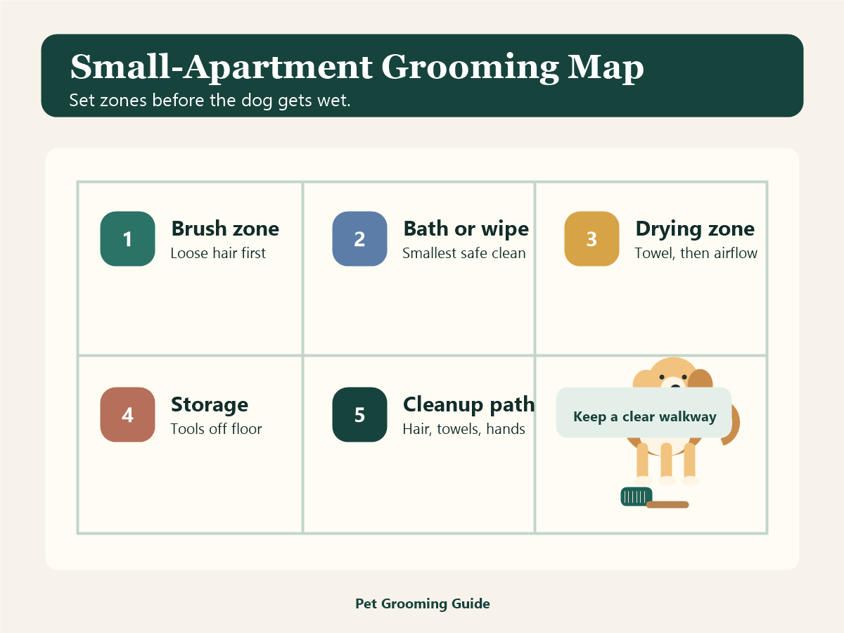 Station map for dog grooming in a small apartment showing brush, bath or wipe, drying, storage, and cleanup path zones.