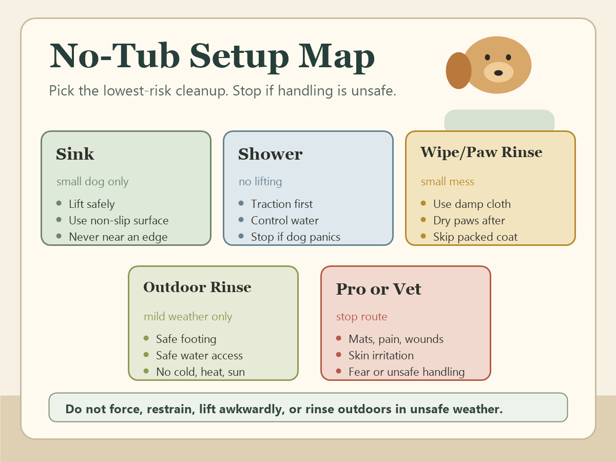 No-tub setup map for dog grooming showing sink, shower, wipe or paw rinse, outdoor rinse, and pro or vet stop route.