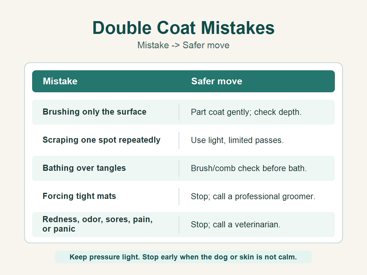 Double coat dog grooming mistakes table showing safer moves for brushing, deshedding, bathing, mats, and skin warning signs.