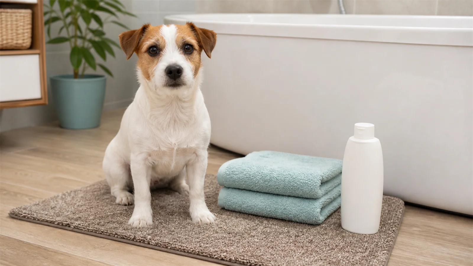 Small dog on a dry bath mat beside towel and pet shampoo before bath time