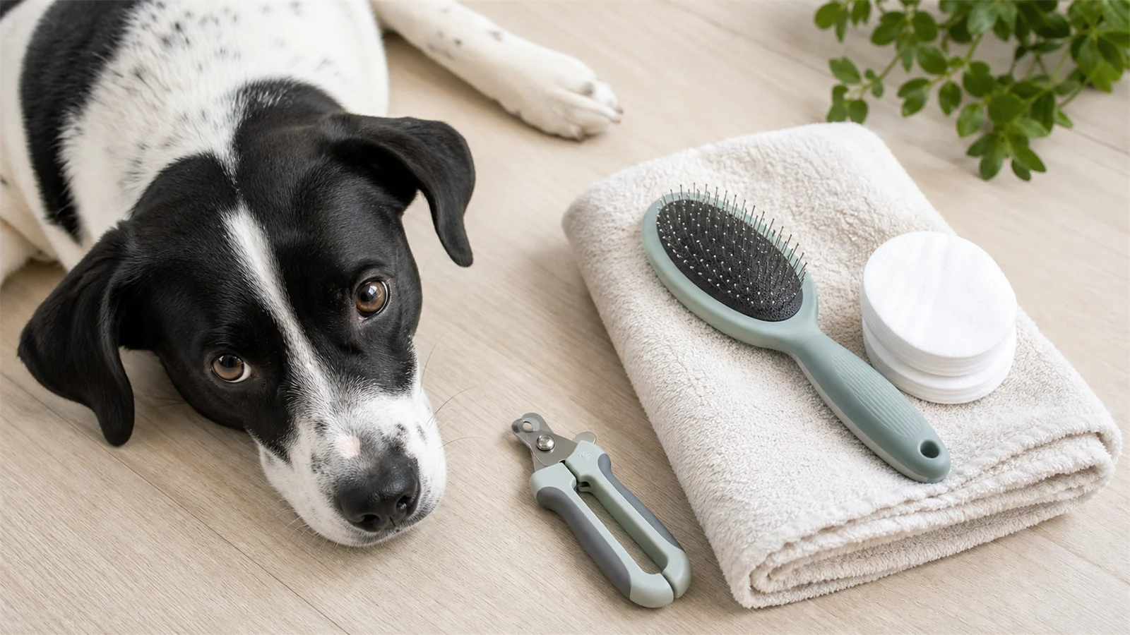 Black-and-white dog beside a tidy beginner grooming kit with towel and brush