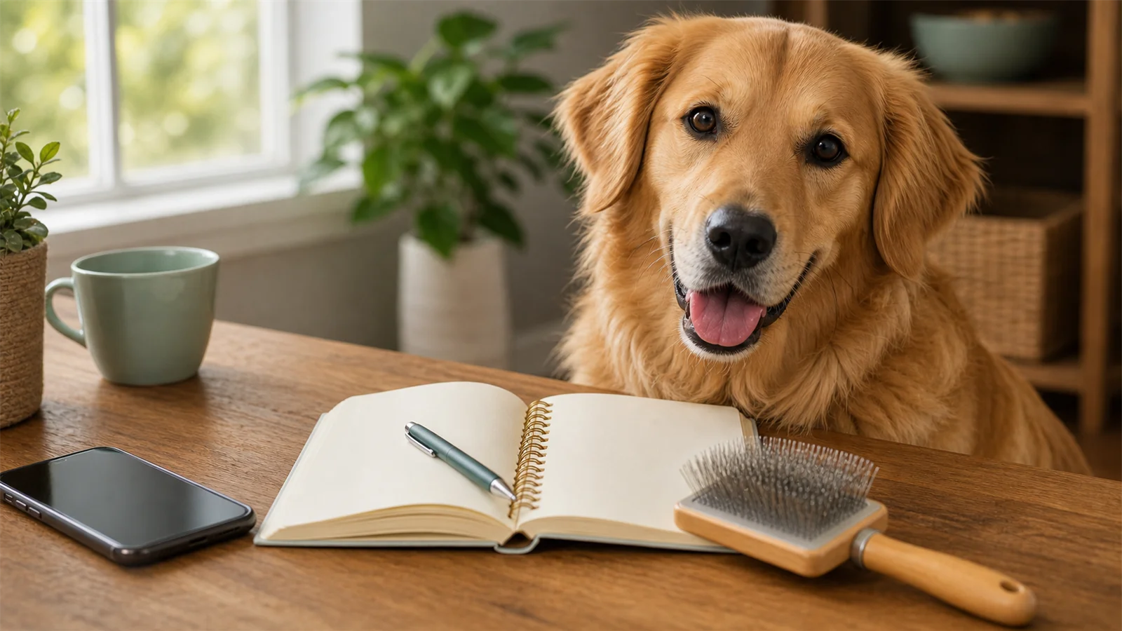Golden dog beside a grooming notes notebook, pen, phone, and brush at home