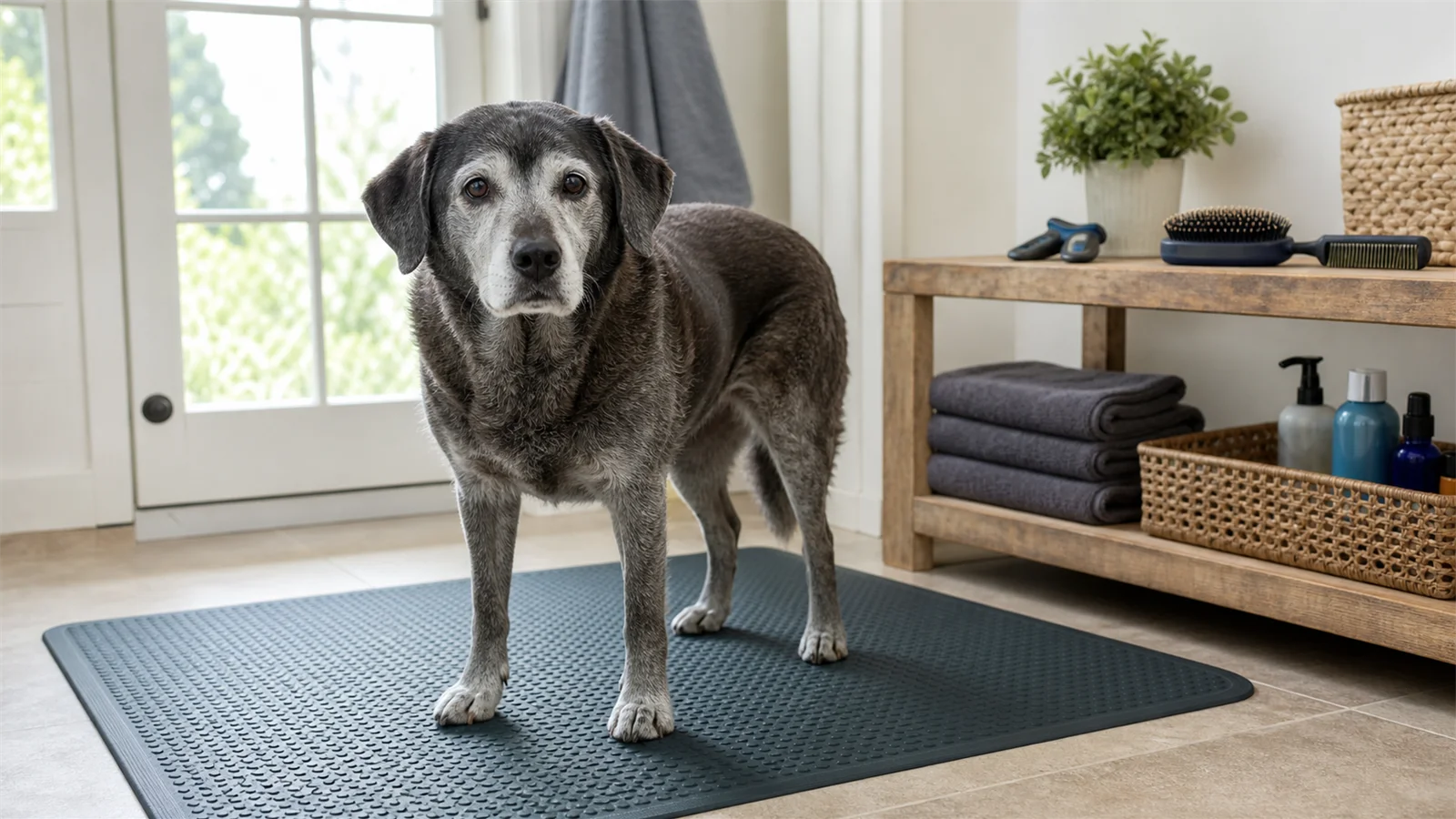Senior gray dog on a non-slip mat with grooming tools safely set aside