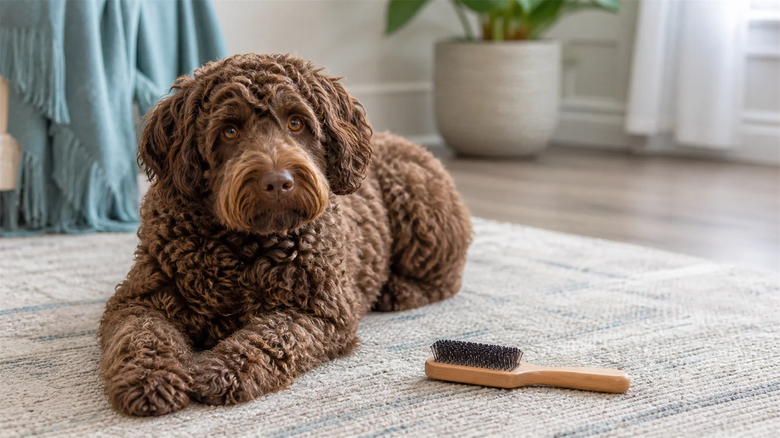 Curly brown dog resting while a brush is set down for a calm grooming break