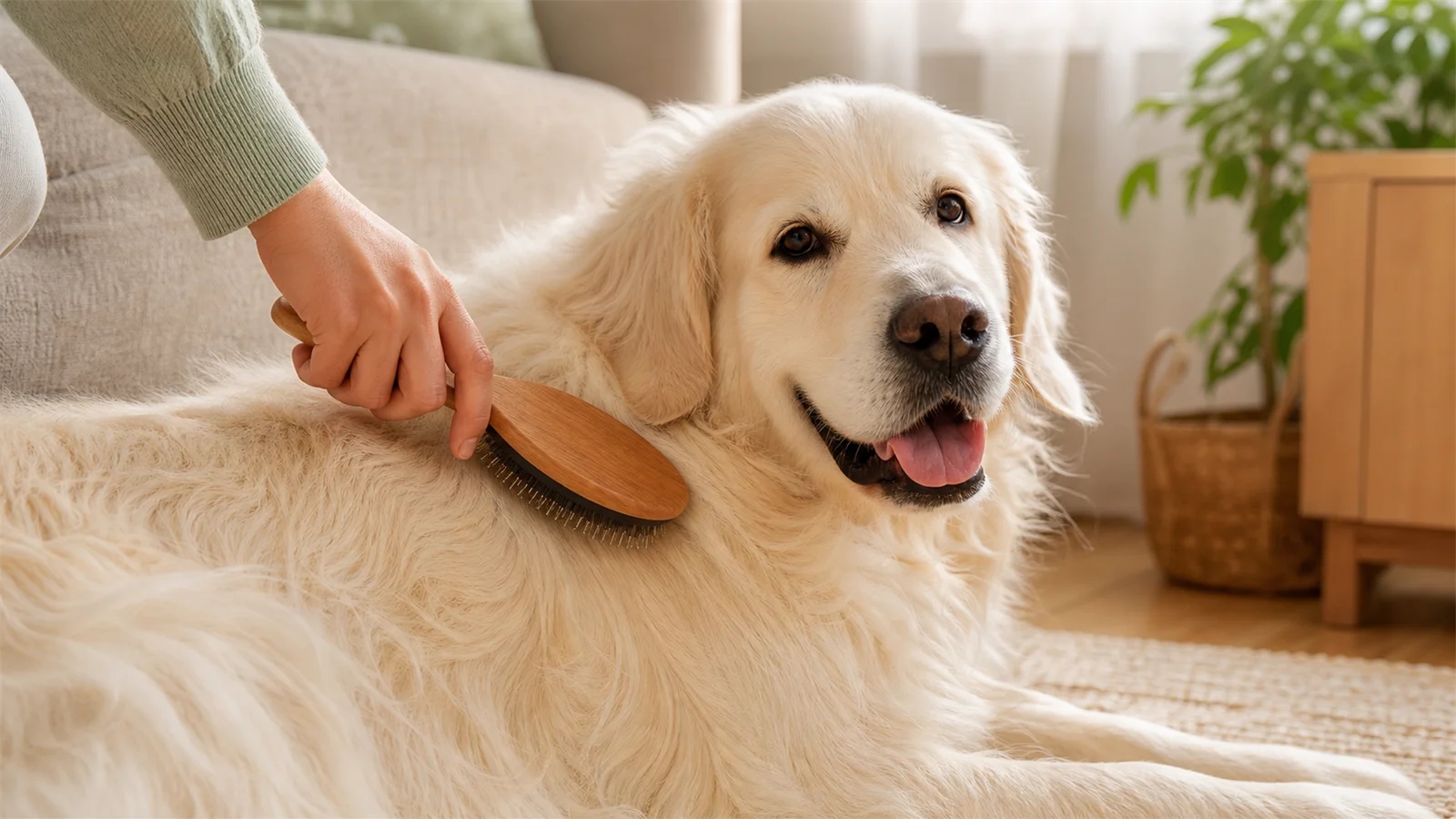 Long-coated cream dog being gently brushed during a weekly home routine