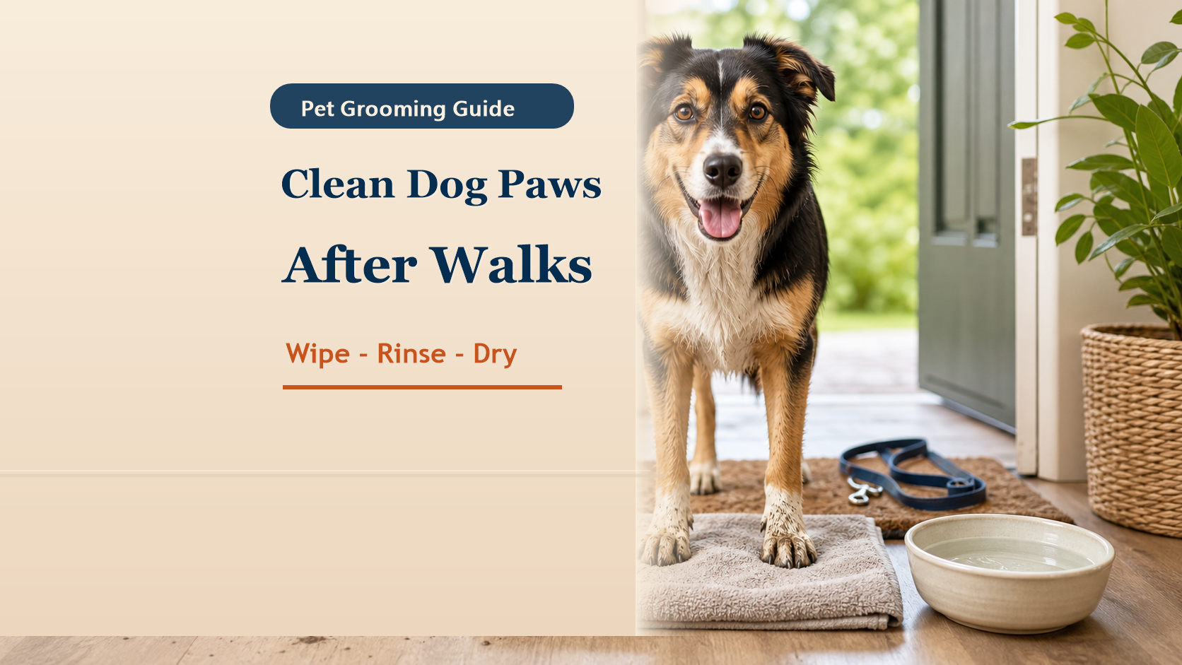 Dog standing on a towel by an entryway with a rinse bowl nearby, showing a simple post-walk paw cleaning setup.