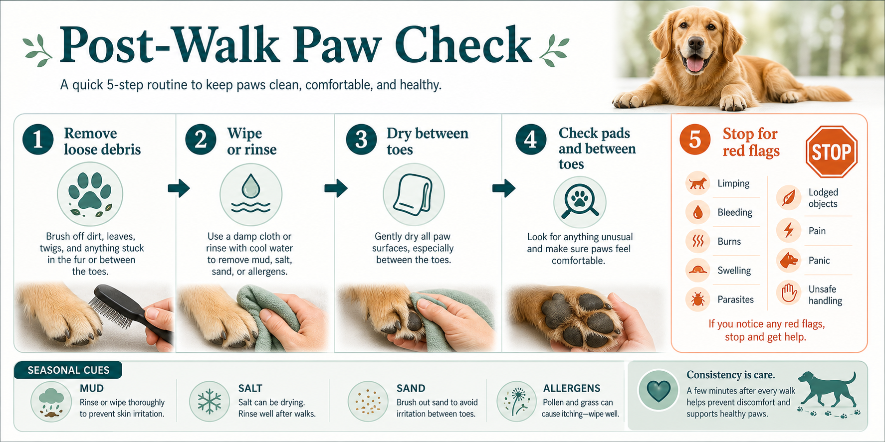 Post-Walk Paw Check sequence showing remove debris, wipe or rinse, dry between toes, inspect pads, and stop for red flags.