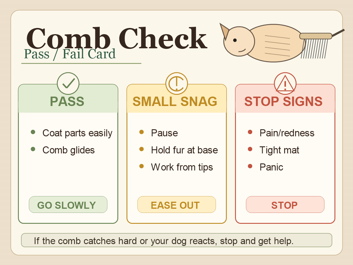 Comb-check pass fail card showing pass signs, small snag steps, and stop signs for pain, redness, tight mats, or panic.