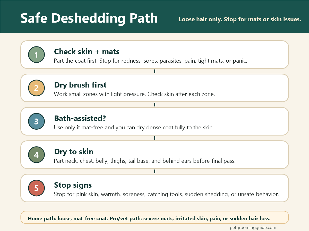 Deshedding path card showing skin and mat checks, dry brushing, mat-free bath-assisted deshedding, dry-to-skin checks, and stop signs.