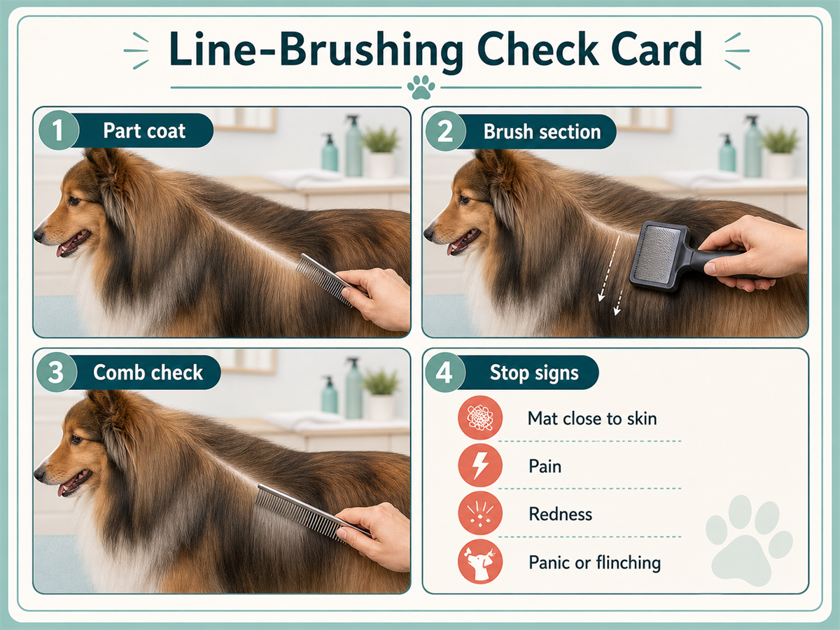 Line-brushing check card showing part coat, brush section, comb check, and stop signs.