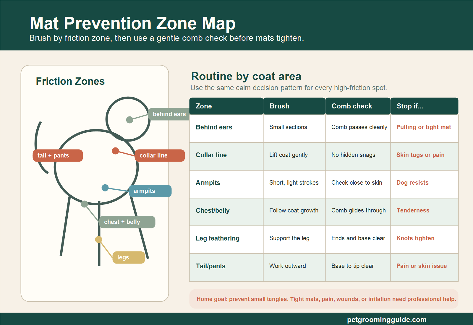 Mat prevention zone map showing behind ears, collar line, armpits, chest and belly, leg feathering, and tail and pants with brush, comb check, and stop-point guidance.