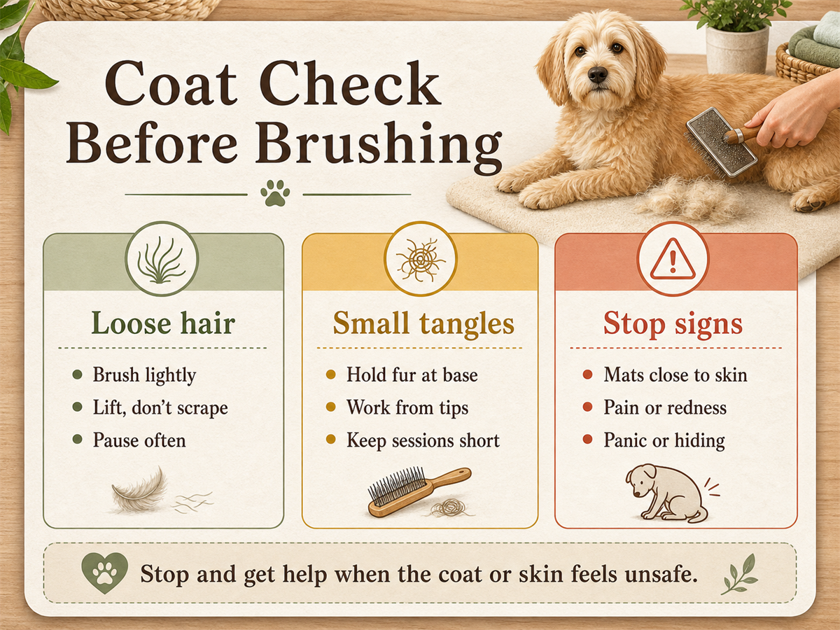 Coat check card showing loose hair, small tangles, and stop signs before brushing a dog.