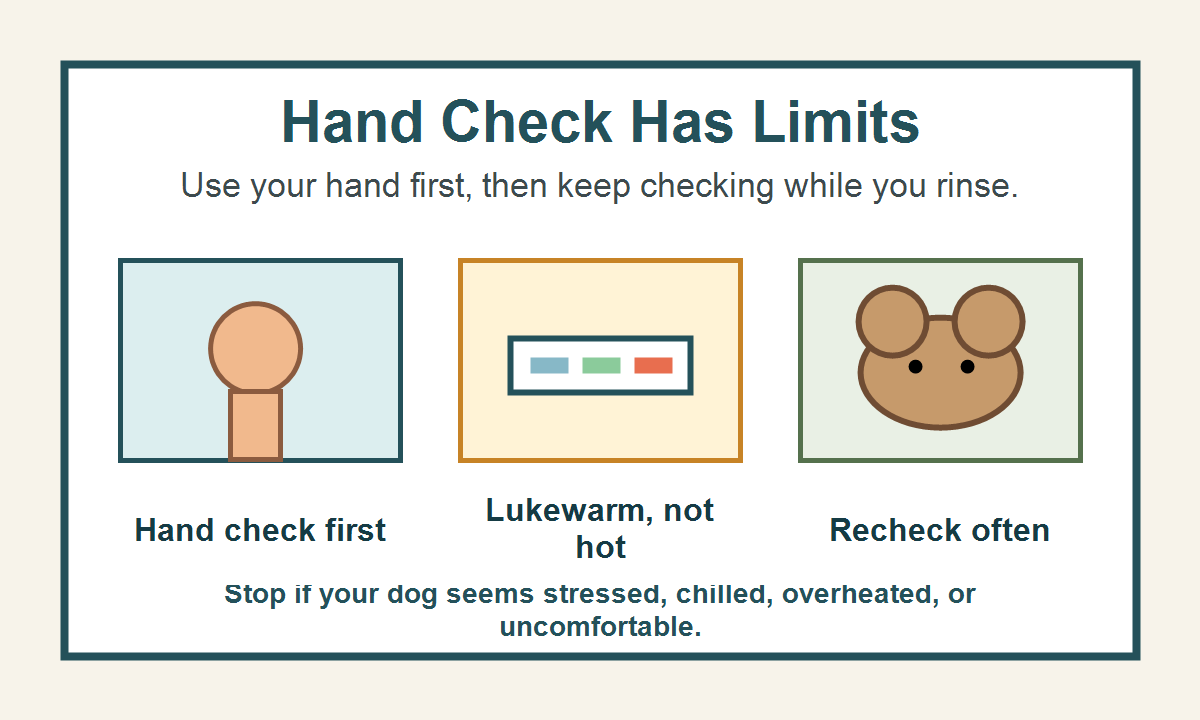 Hand checking dog bath water with a reminder that the hand test has limits and water should be rechecked during the bath