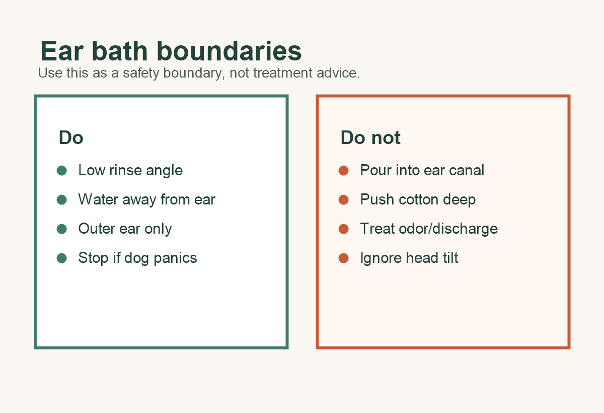 Dog ear bath boundary checklist with safe rinse angle and do-not-put-in-ear warnings.