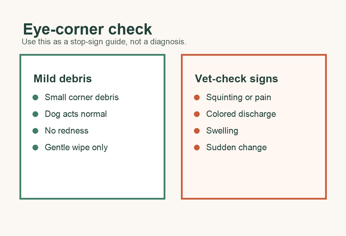 Dog eye-corner check showing mild debris signs and vet-check signs.