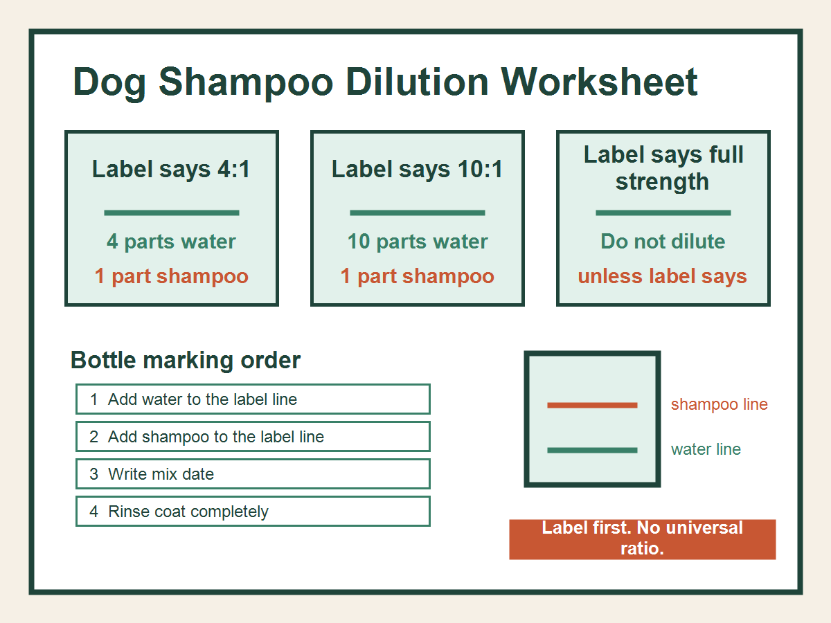 Dog shampoo dilution worksheet showing generic 4 to 1, 10 to 1, and full-strength label examples plus bottle marking order.