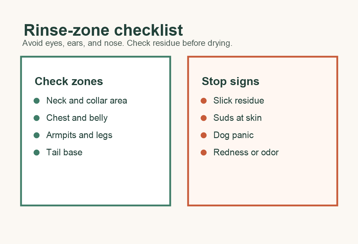 Rinse-zone checklist for dog shampoo with missed zones and stop signs.