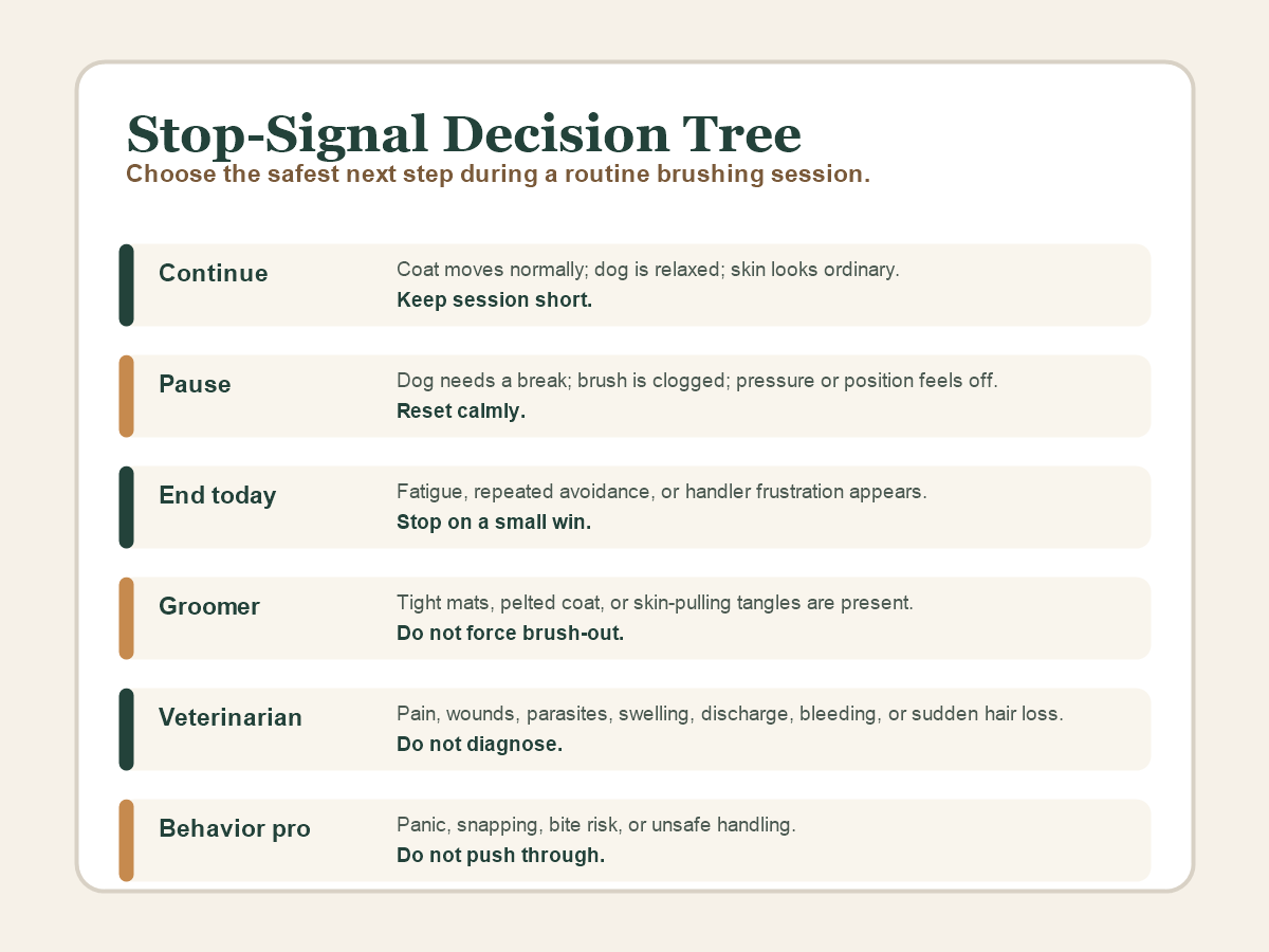 Stop-signal decision tree for dog brushing with continue, pause, end today, groomer, veterinarian, and behavior professional outcomes.