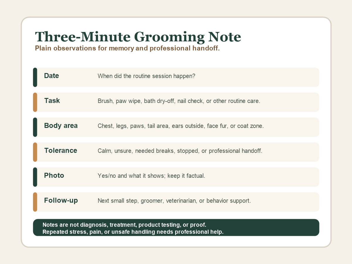 Three-minute home dog grooming notes template with date, task, body area, tolerance, photo, and follow-up fields.