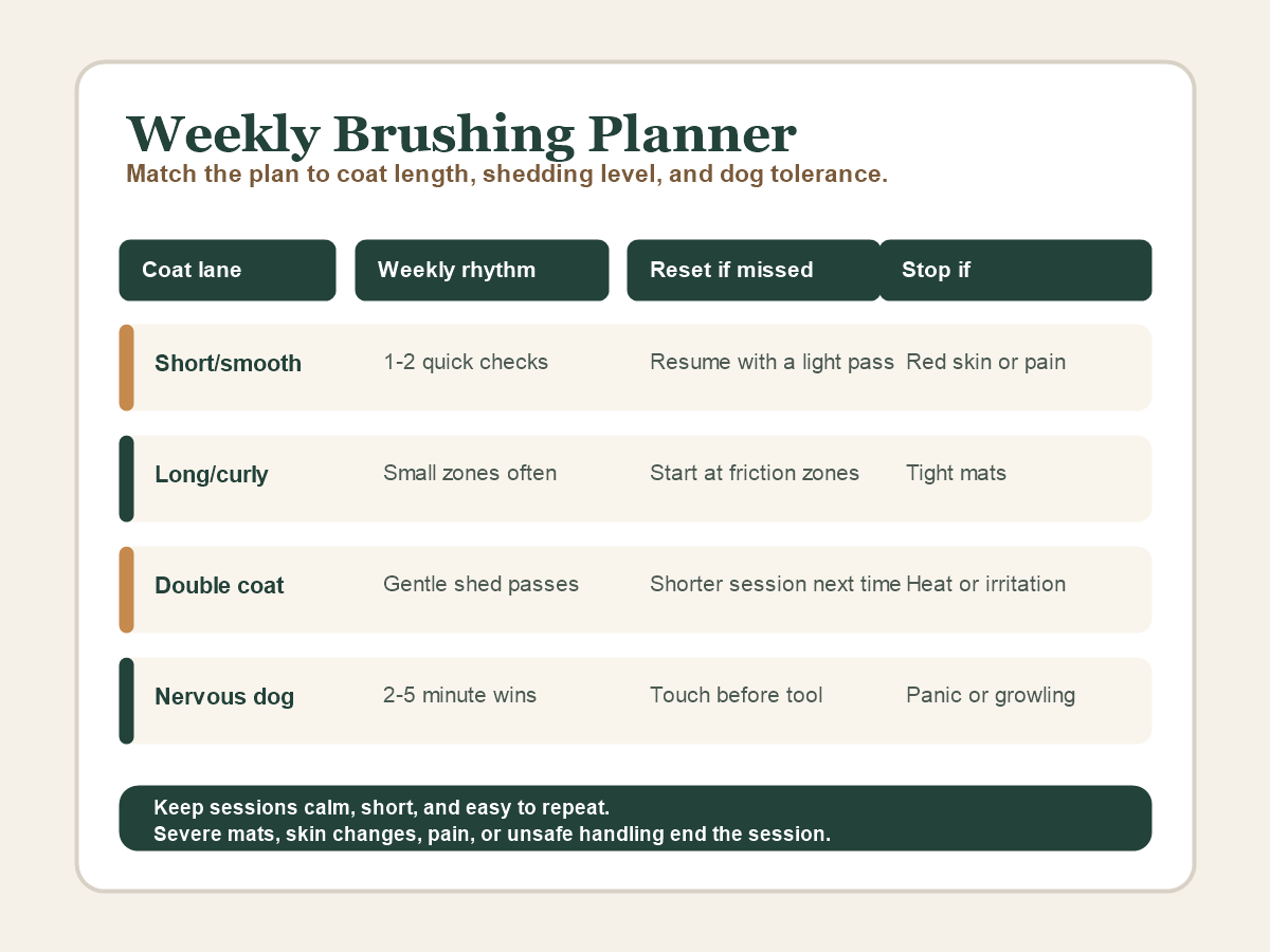 Weekly dog brushing planner by coat lane, weekly rhythm, missed-session reset, and stop signs.
