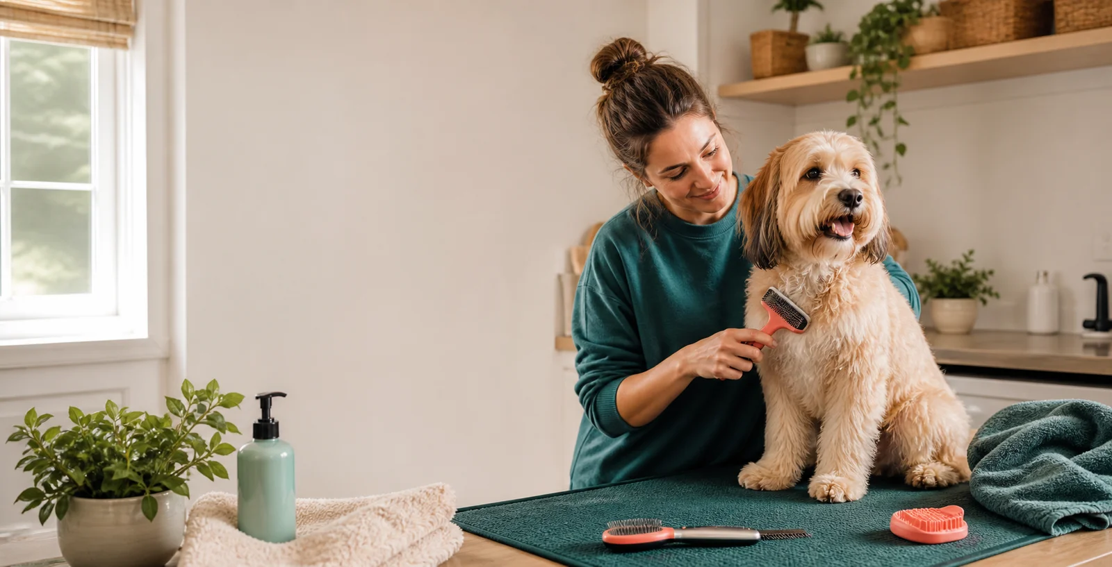 Owner calmly brushing a dog at home for a grooming guide