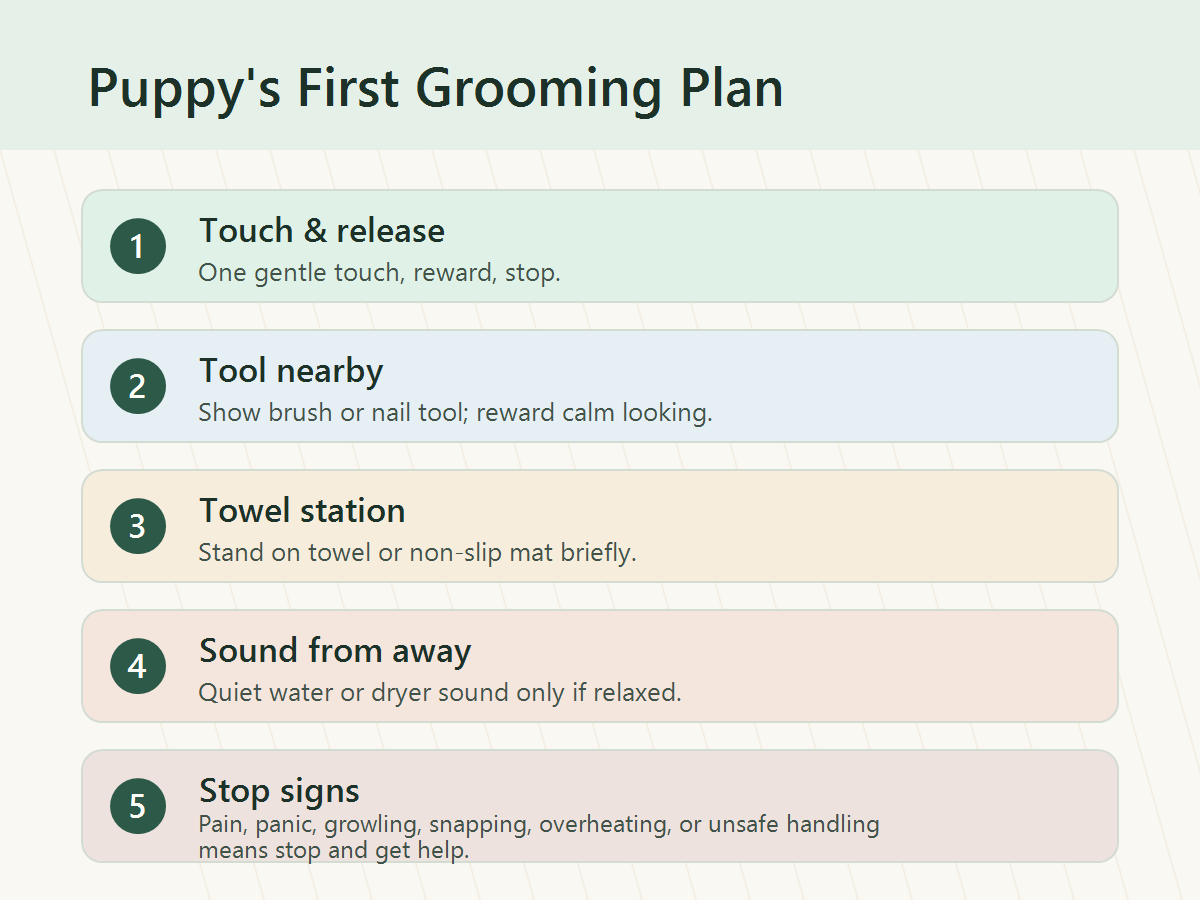 Puppy's first grooming plan showing five small steps from touch and release to stop signs for pain, panic, overheating, or unsafe handling.