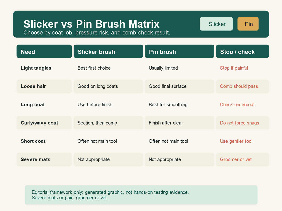 Decision matrix comparing slicker brush and pin brush use by coat job, pressure risk, comb check, and severe mat stop points.