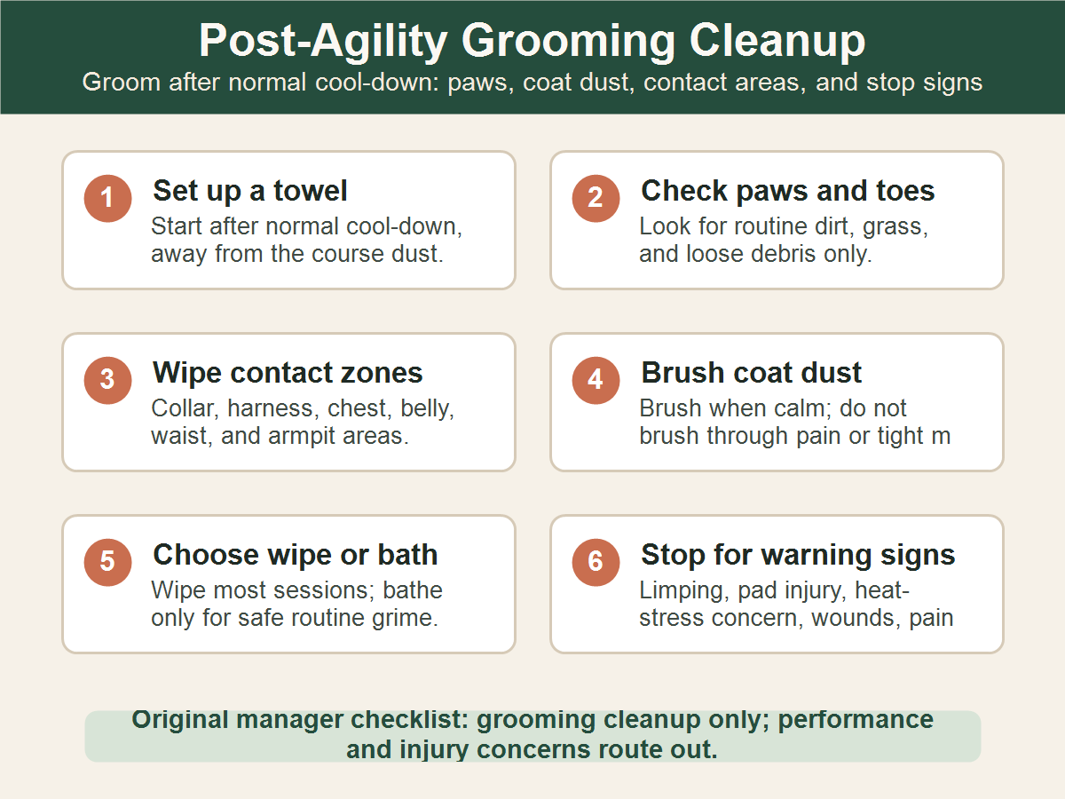 Post-agility dog grooming checklist for towel setup, paw checks, harness contact zones, coat dust, bath decisions, and stop signs.