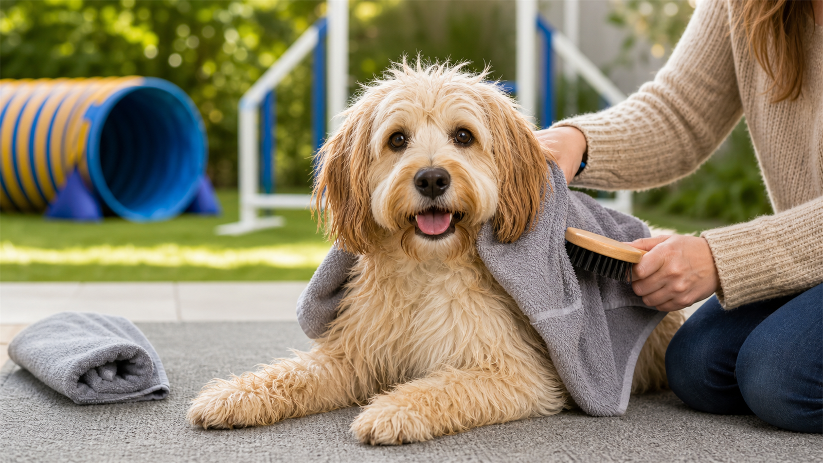 Calm dog being towel-dried after agility training with a brush nearby