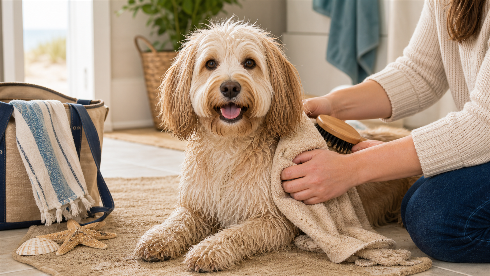 Calm dog being towel-dried after a beach trip with a brush and sandy towel nearby