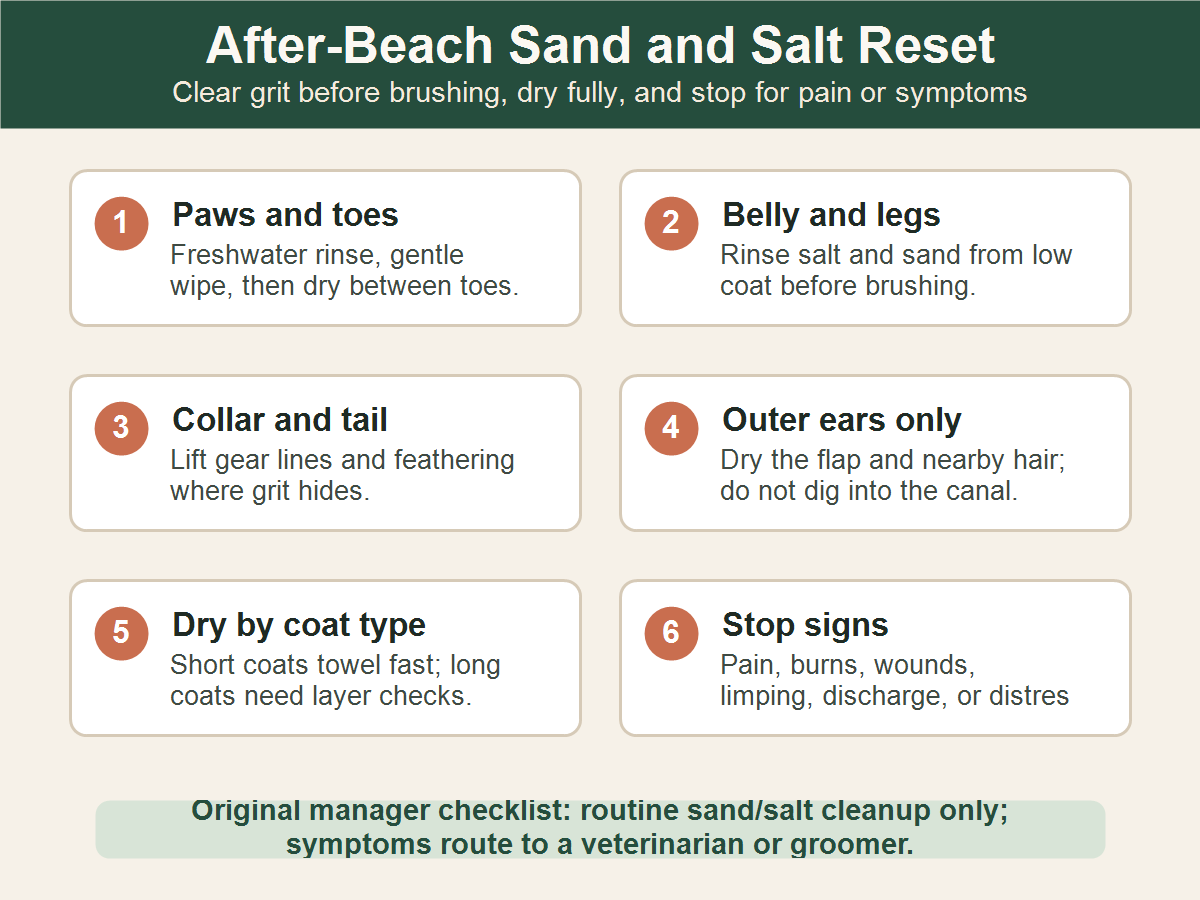 After-beach dog grooming checklist for paws, belly, collar area, outer ears, coat drying, and stop signs.