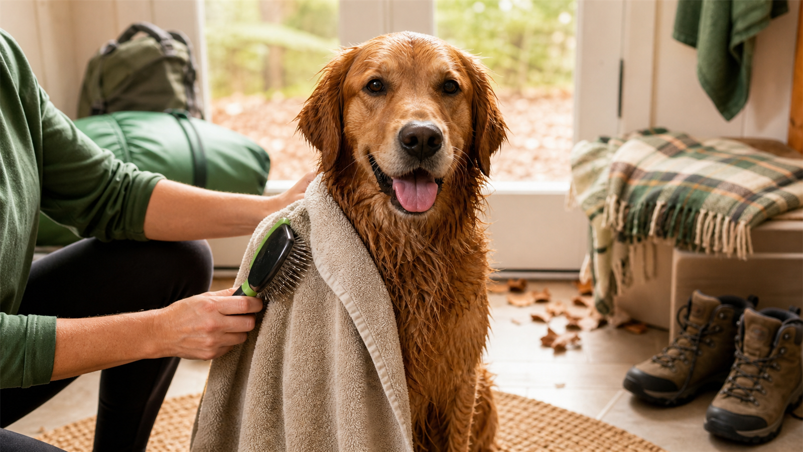 Calm dog being brushed after camping with a towel and camping bag nearby.