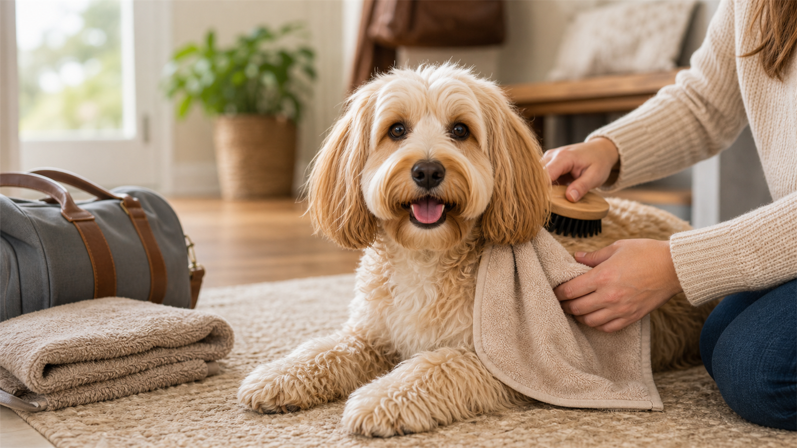 Calm dog being brushed after a hotel stay with a travel towel and bag nearby