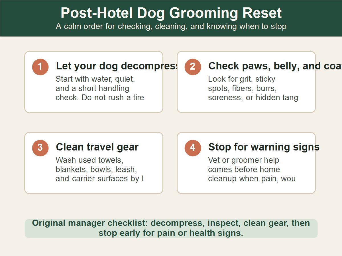 Post-hotel dog grooming reset checklist for decompression, paw and coat checks, travel gear cleanup, and stop signs.