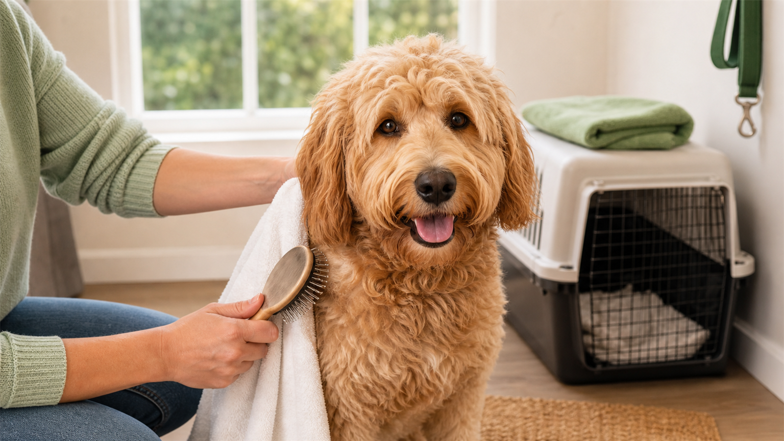 Calm dog being brushed after kennel boarding with a towel and travel crate nearby.