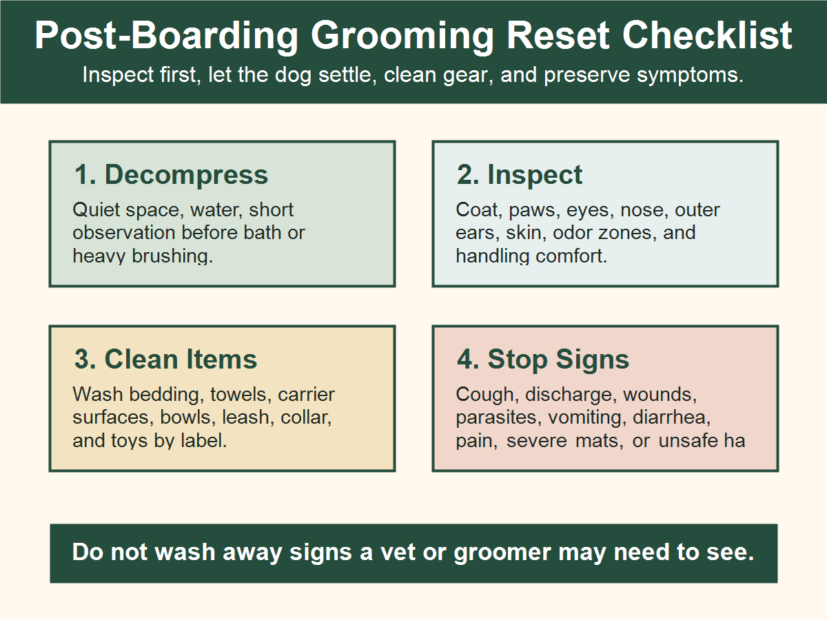 Post-boarding dog grooming reset checklist for decompression, inspection, item cleanup, and stop signs.