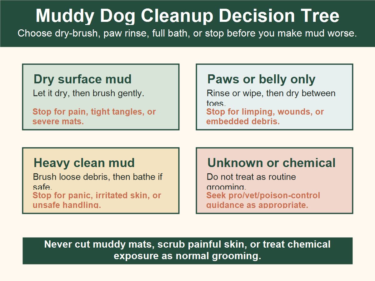 Muddy dog cleanup decision tree showing dry-brush, paw rinse, full bath, and stop branches.