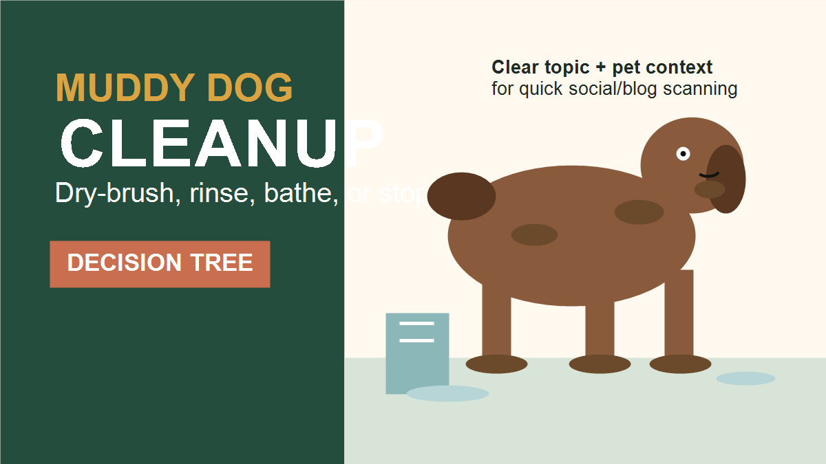Muddy dog cleanup thumbnail with towel, paw mud, and decision-tree text.