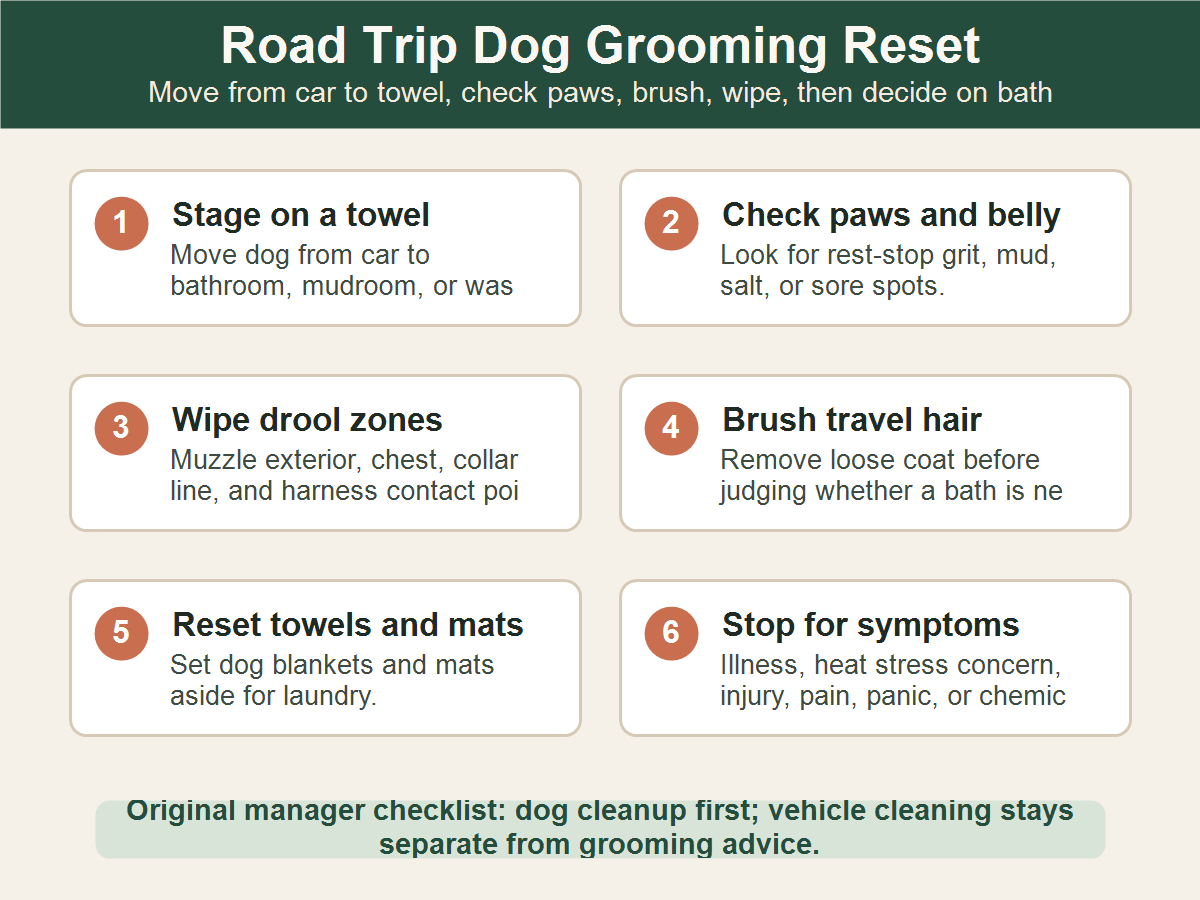 Road trip dog grooming reset checklist for towel staging, paw checks, drool zones, brushing, laundry, and stop signs.