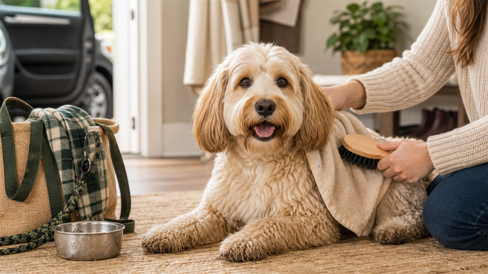 Calm dog being wiped and brushed after a road trip in a tidy home entryway