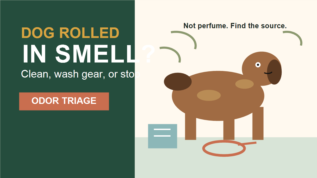 Dog rolled in smell cleanup thumbnail with towel, collar, odor waves, and odor-triage text.