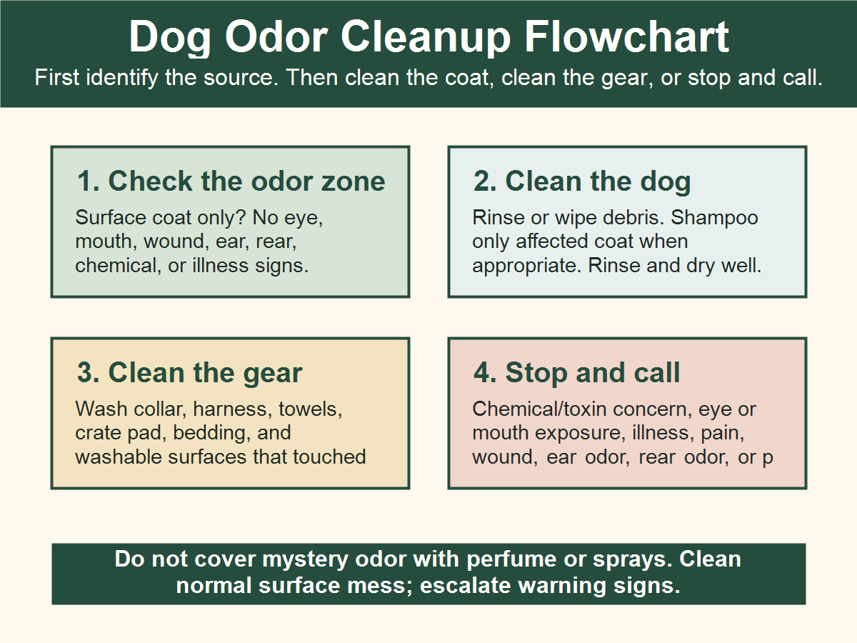 Dog odor cleanup flowchart showing when to rinse, shampoo, clean gear, or call a veterinarian.