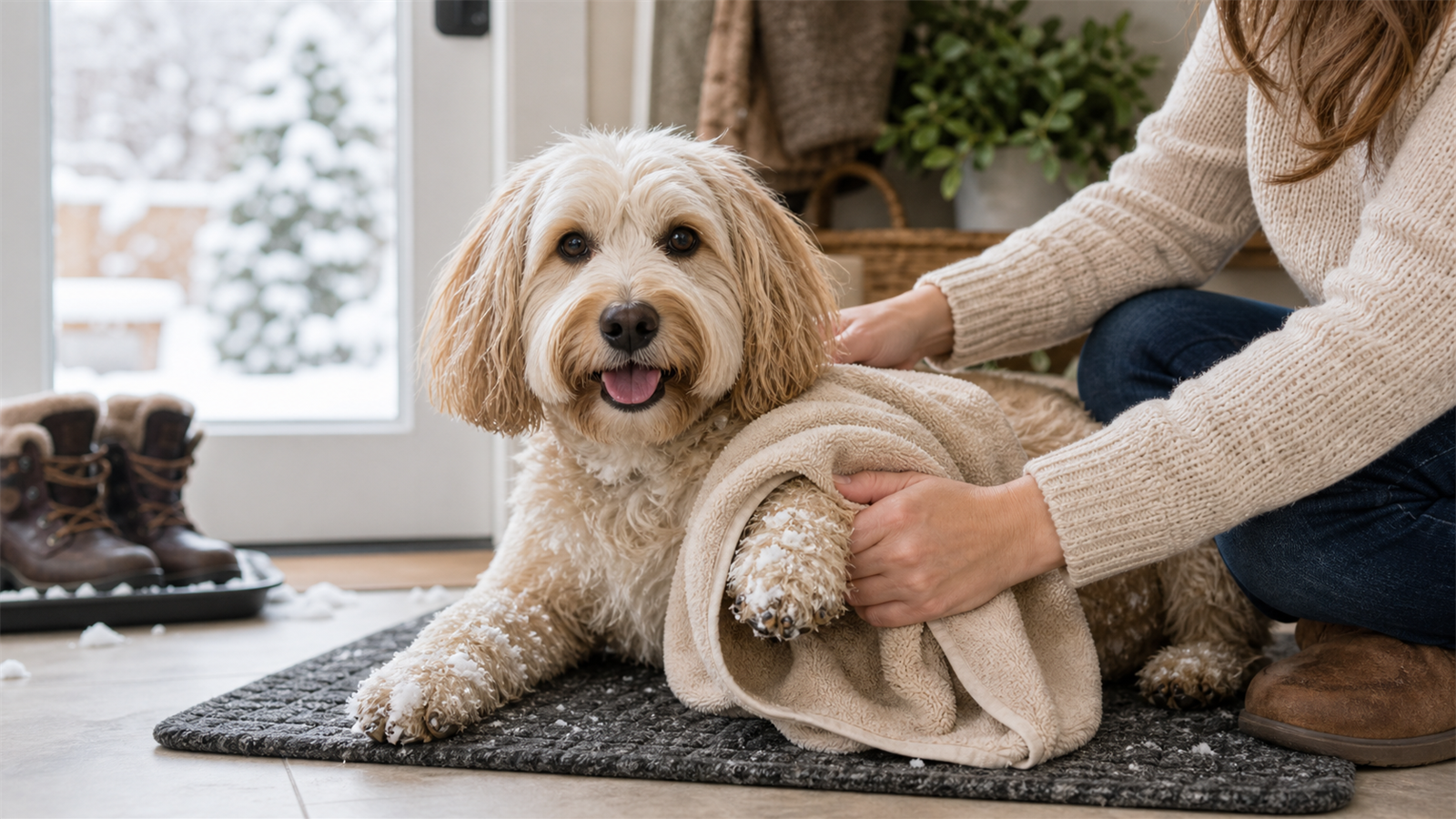 Calm dog being towel-dried after snow with paws checked in a warm entryway