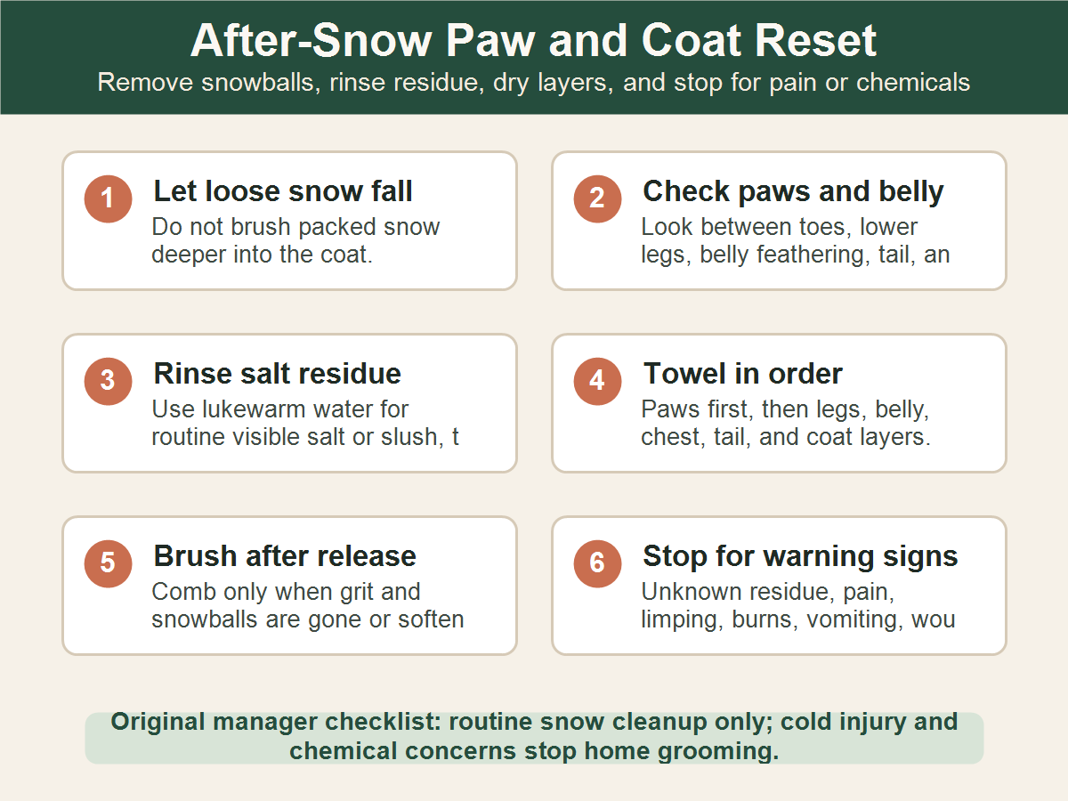 After-snow dog grooming checklist for loose snow, paw and belly checks, salt rinse, towel drying, brushing, and stop signs.