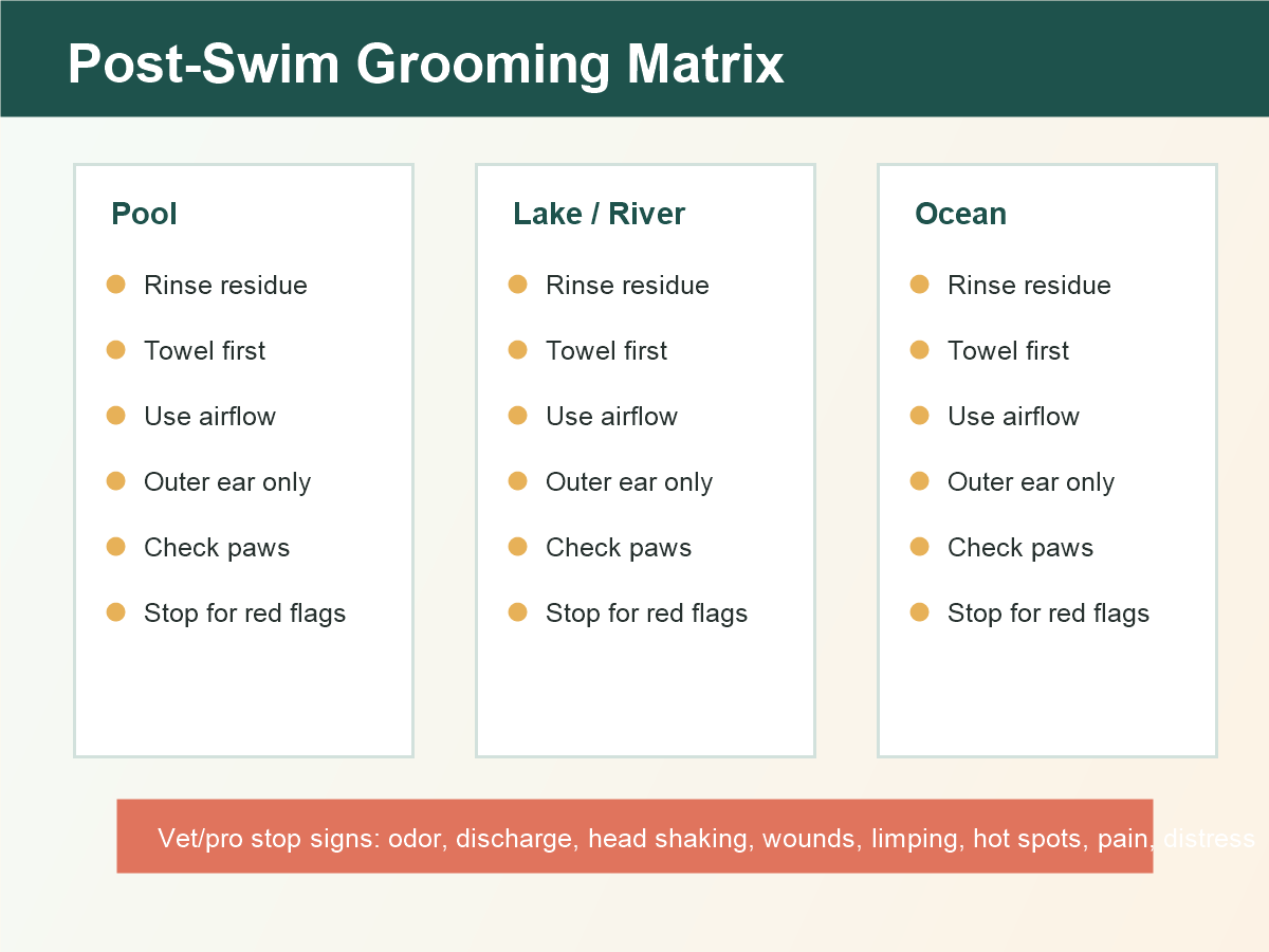 Post-swim dog grooming matrix for pool lake river and ocean cleanup with rinse dry ear paw and stop-sign steps.