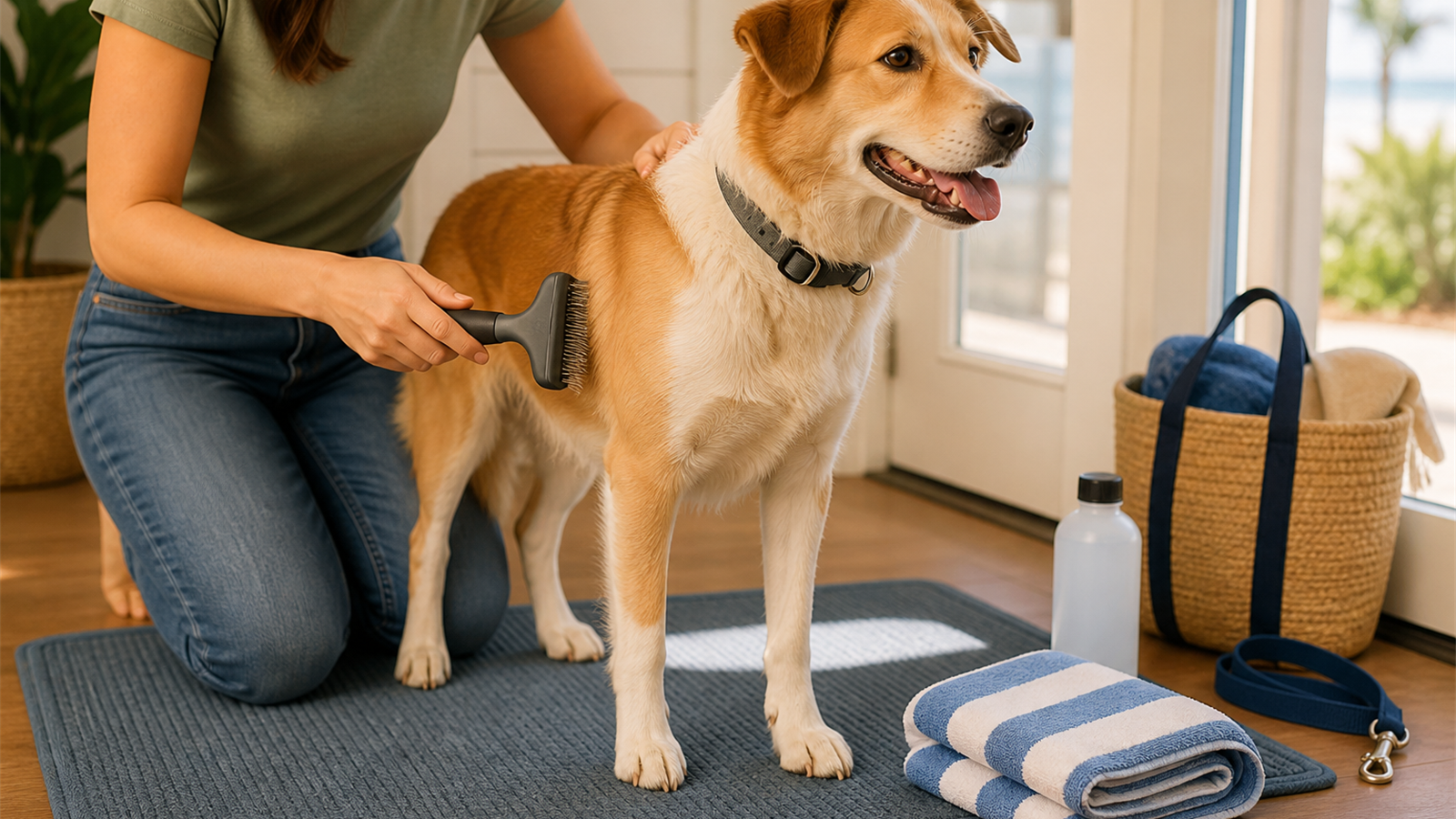 Dog being brushed beside beach towels and rinse bottle before a beach trip
